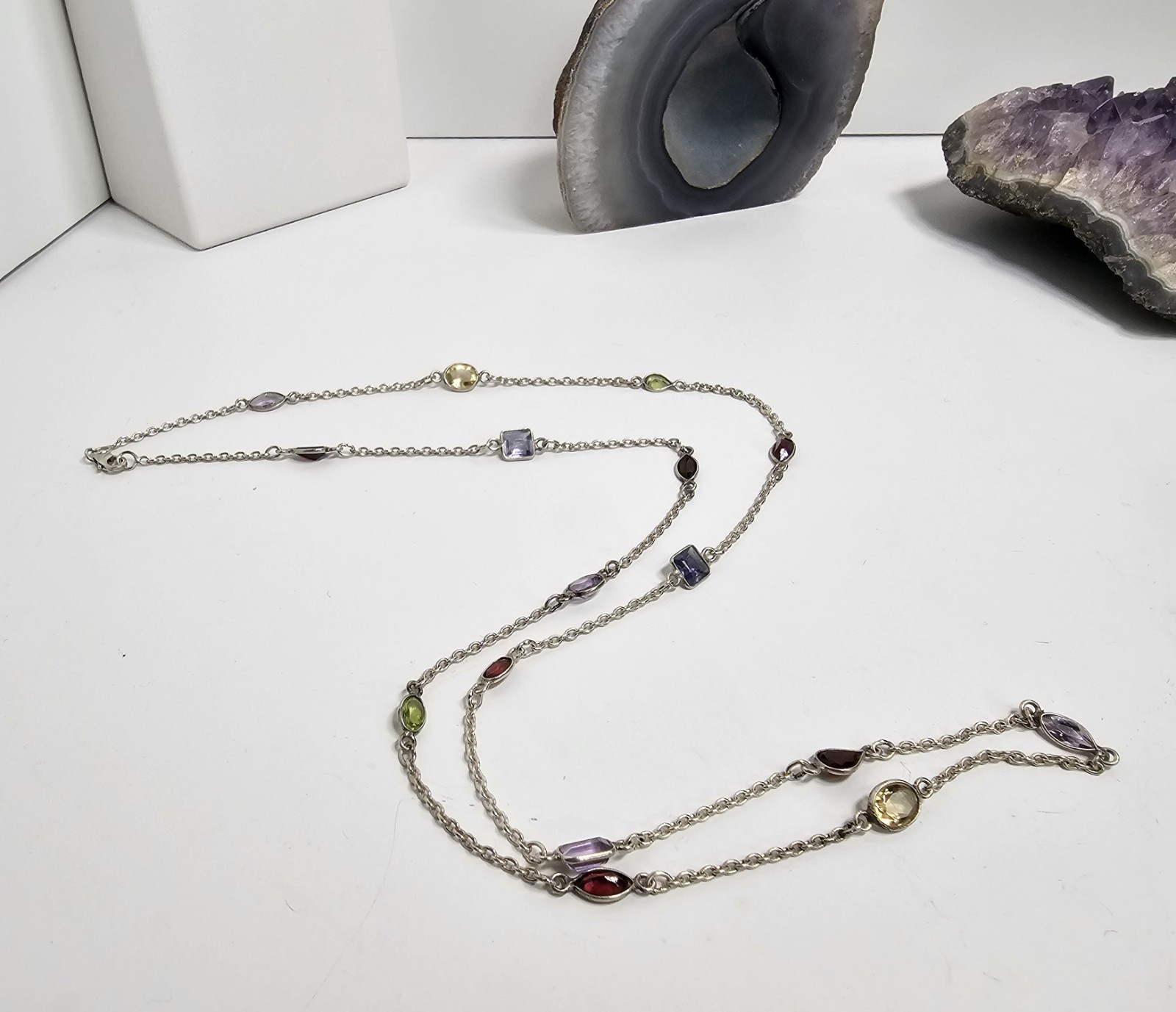 925 Sterling Silver – Multi Natural gemstone Necklace – 30″ Long