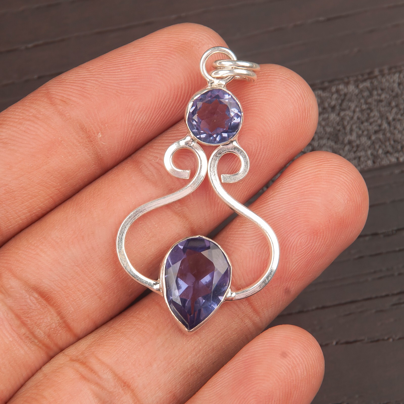 925 Sterling Silver Jewelry Natural Iolite Gemstone Pendant 1.6″ For Her FO