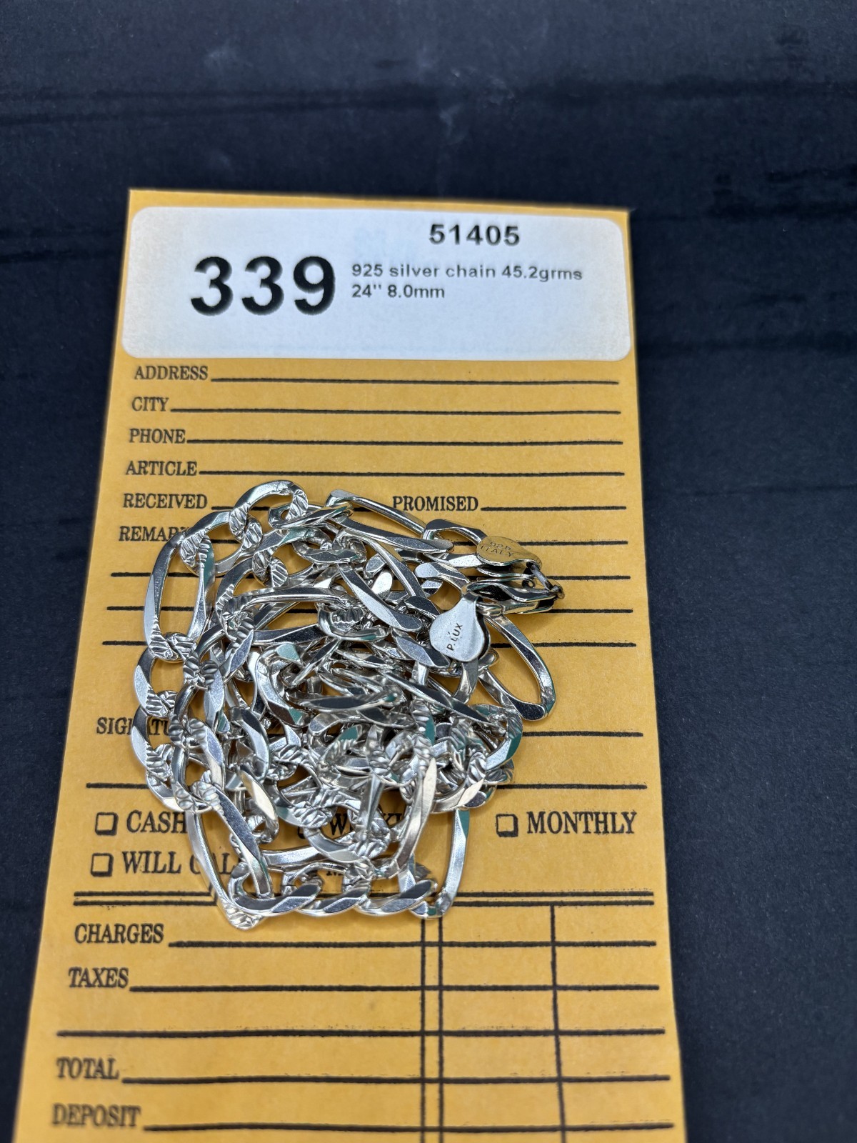 925 Sterling Silver, Figaro Link Chain, 45.2grms, 24”long, 8.0mm