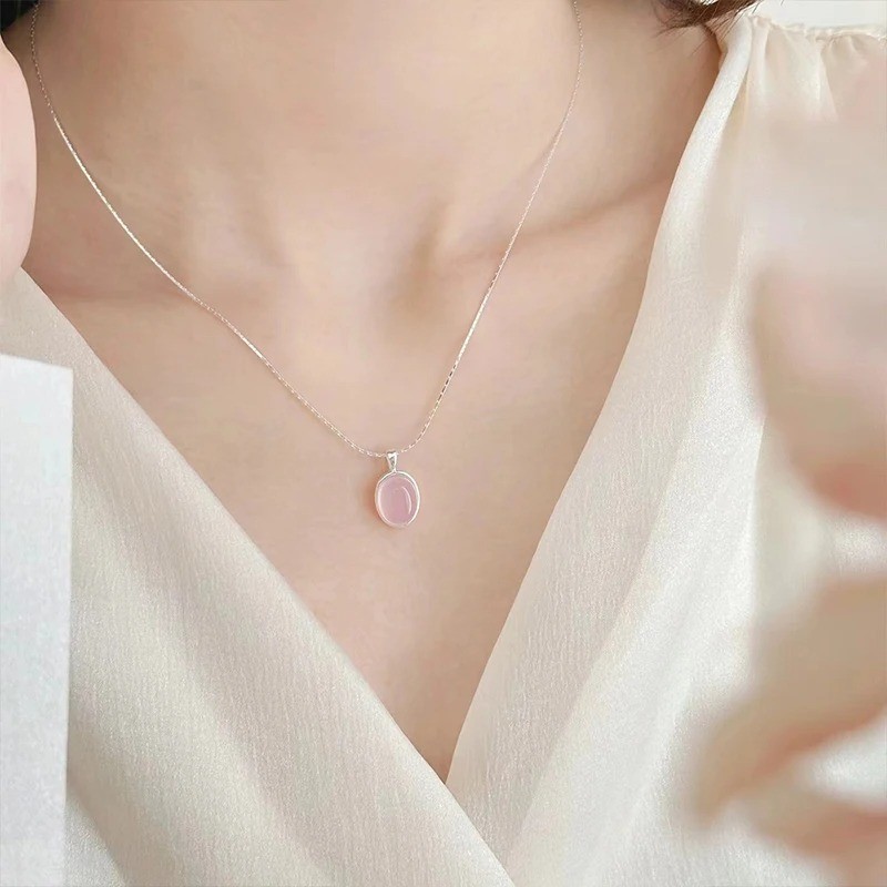 925 Sterling Silver Pink Crystal Moonstone Necklace Women Oval Pendant