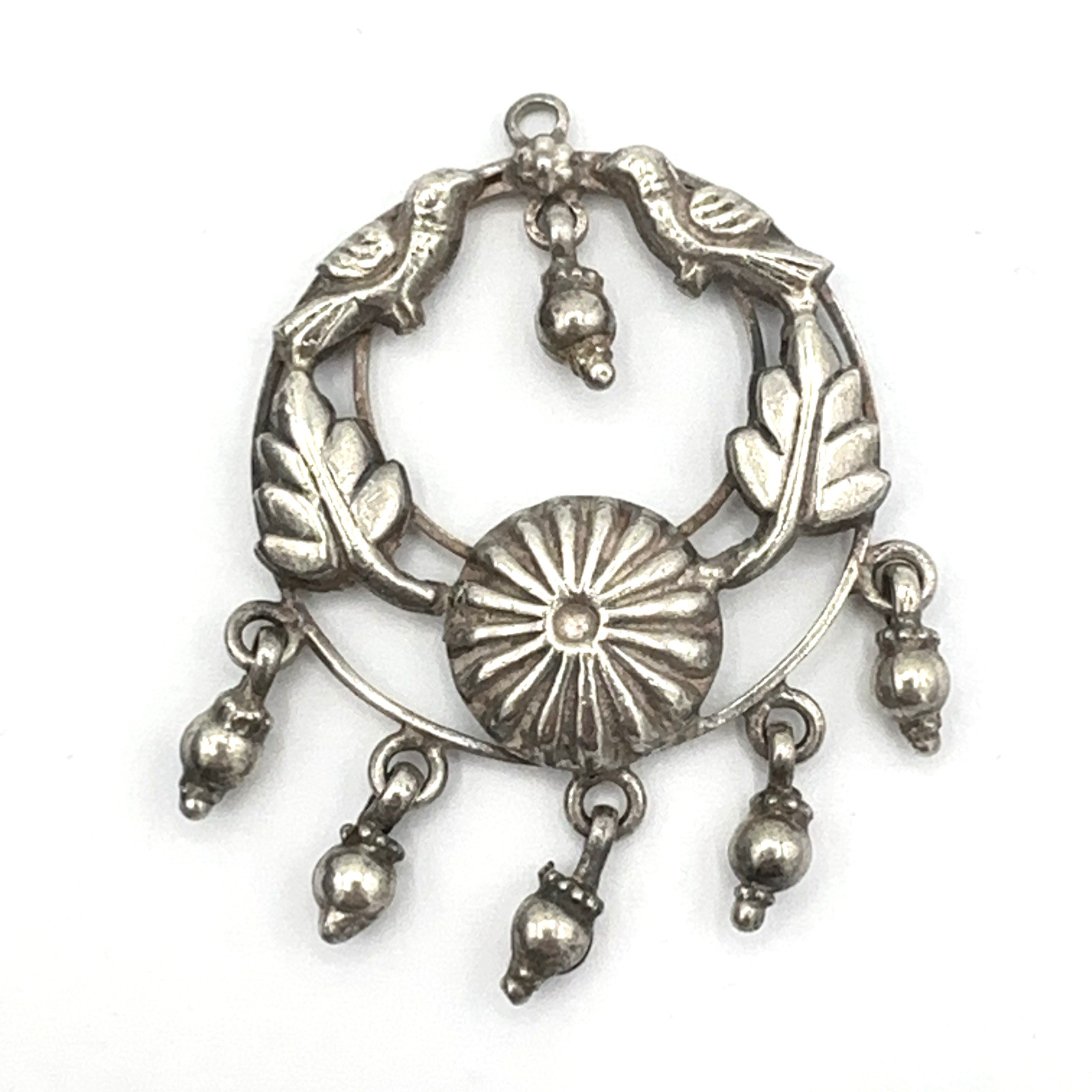 BIRD vintage pendant – sterling silver w/ leaves shield & dangles 2″ & 9 grams
