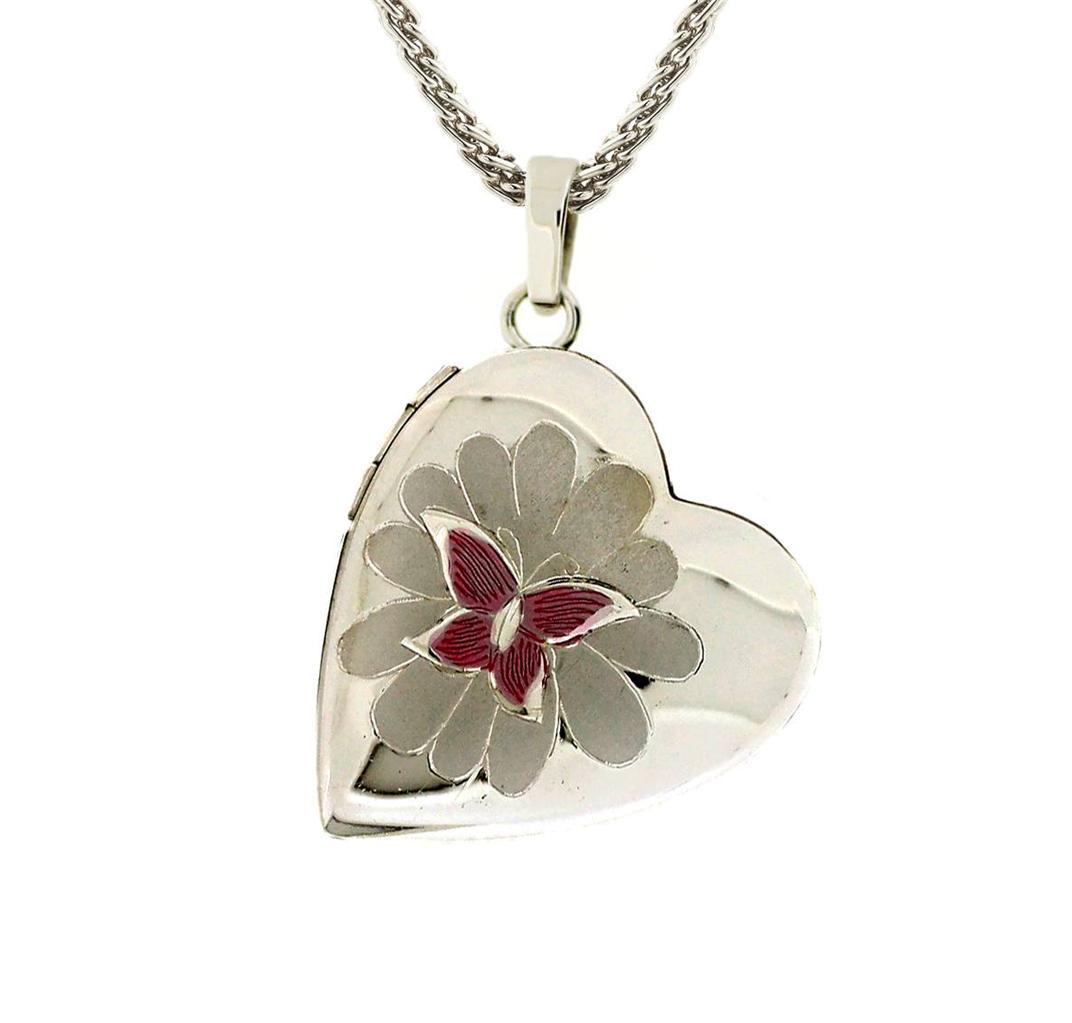925 Sterling Silver Heart Locket Flower & Butterfly Accents 1 Inch Drop Keepsake