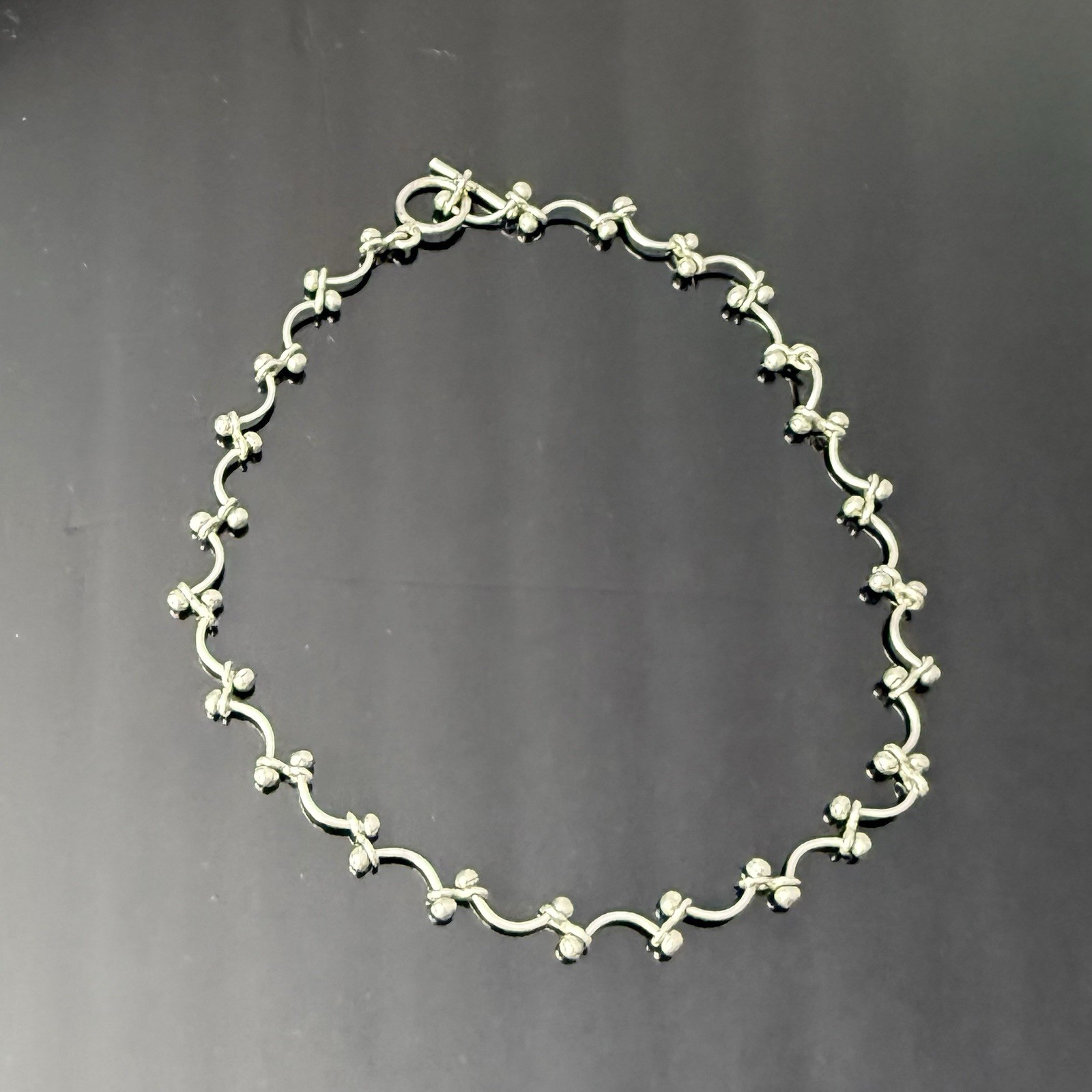 Sterling Silver 925 Curved Bar & Ball Link Necklace Modernist Toggle Clasp 33+g