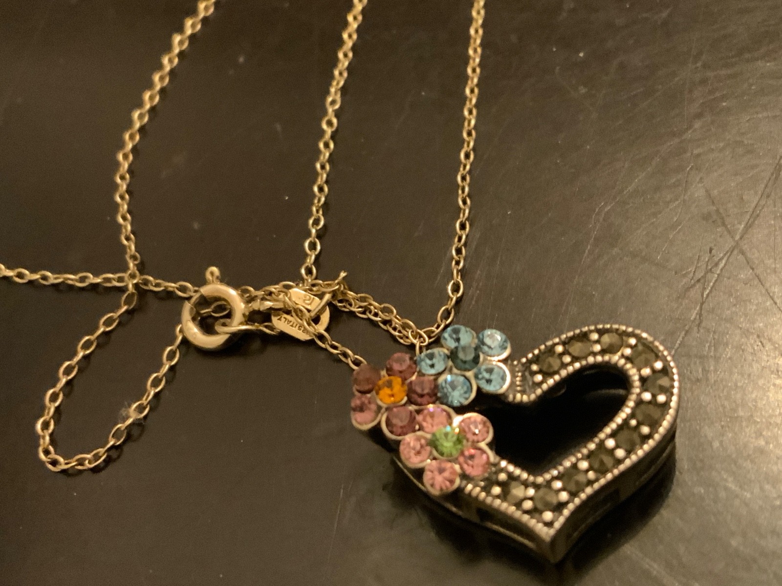 ATI heart Marcasite sterling silver 925 floral pendant gold plate chain necklace