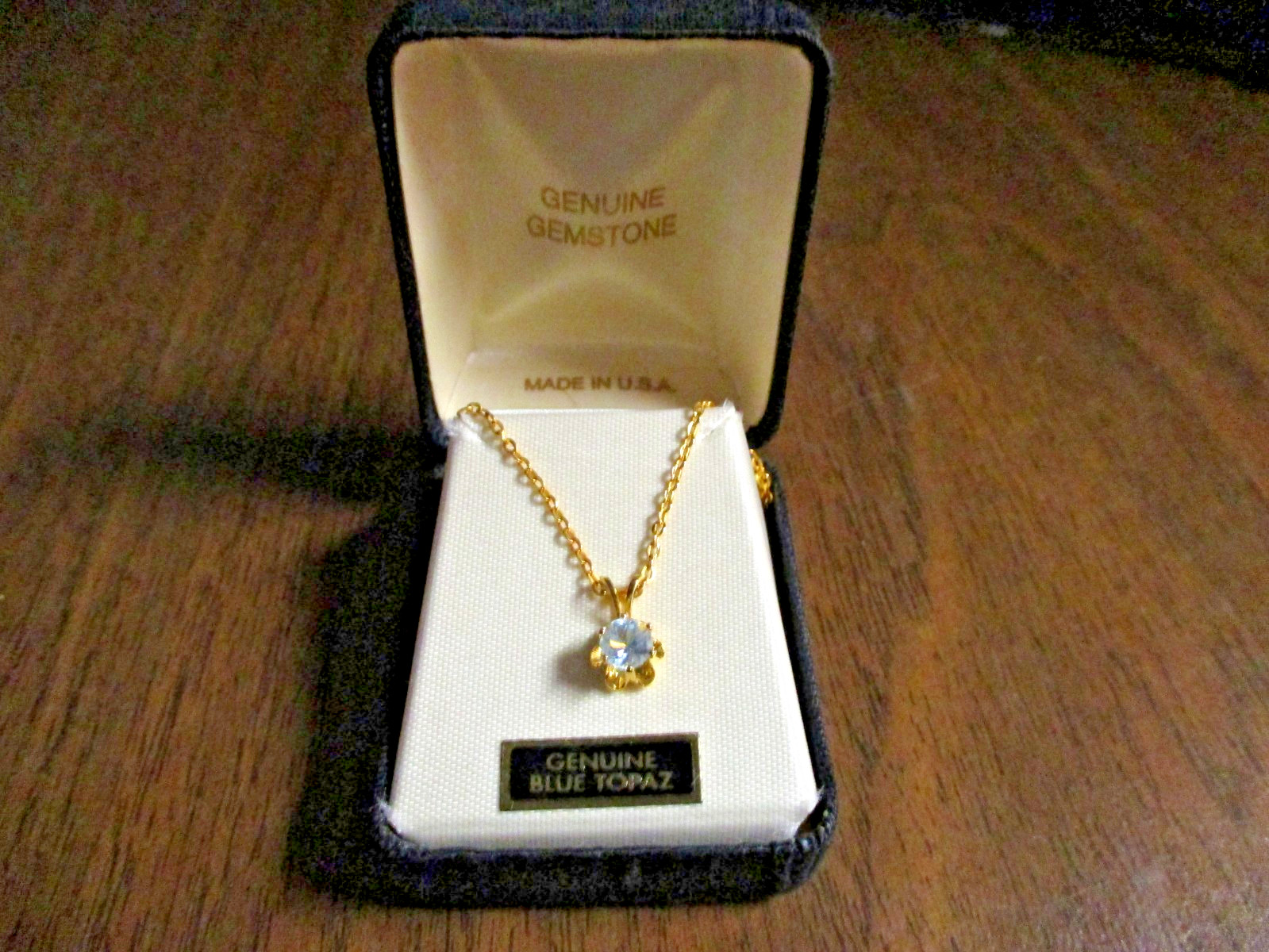 Blue Topaz Genuine Gemstone Necklace, 18″ gold chain, original box included