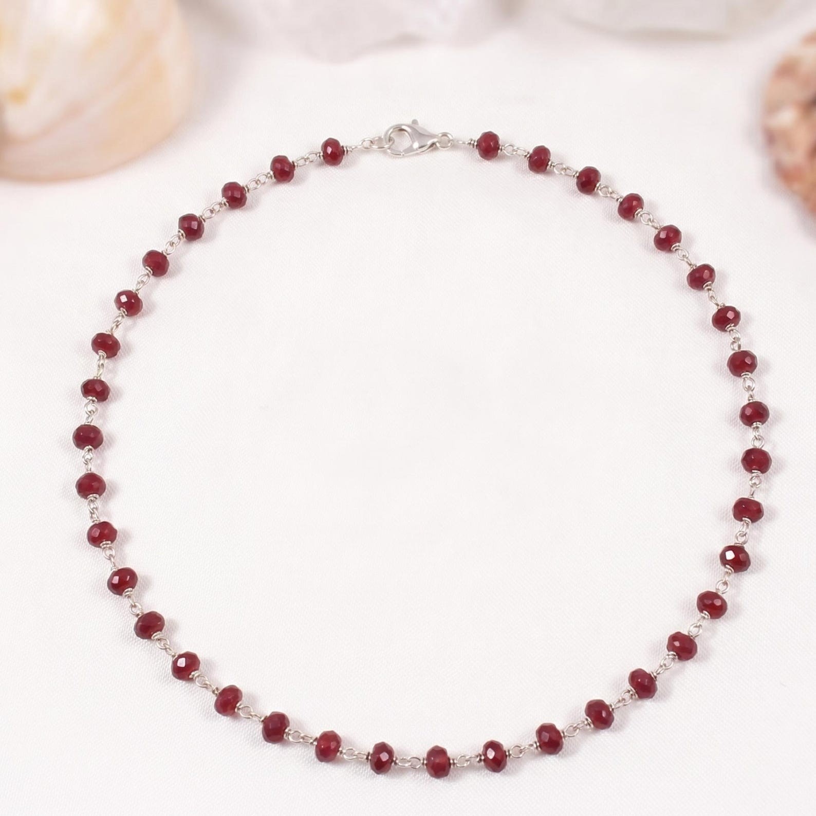 Natural Ruby Beaded Choker Necklace 925 Sterling Silver Rosary Handmader Jewelry