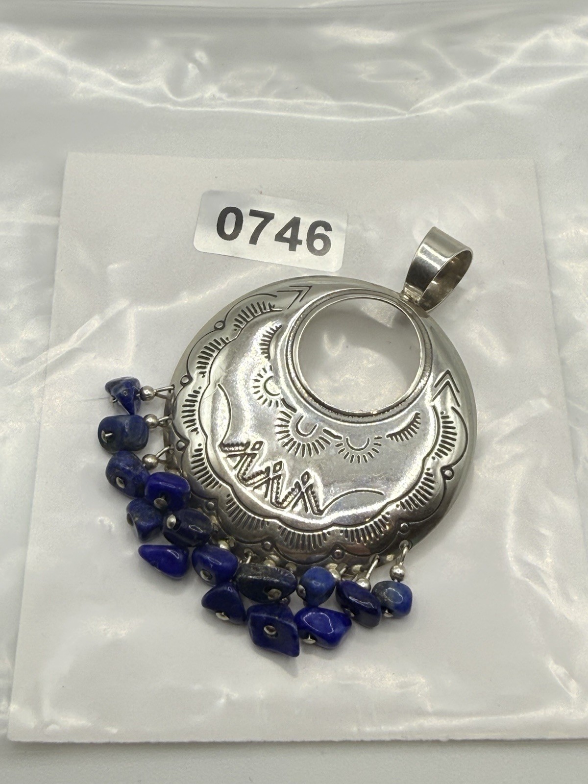Southwestern Sterling Silver Pendant Quoc QT 925 Lapis Nugget Dangle Etched