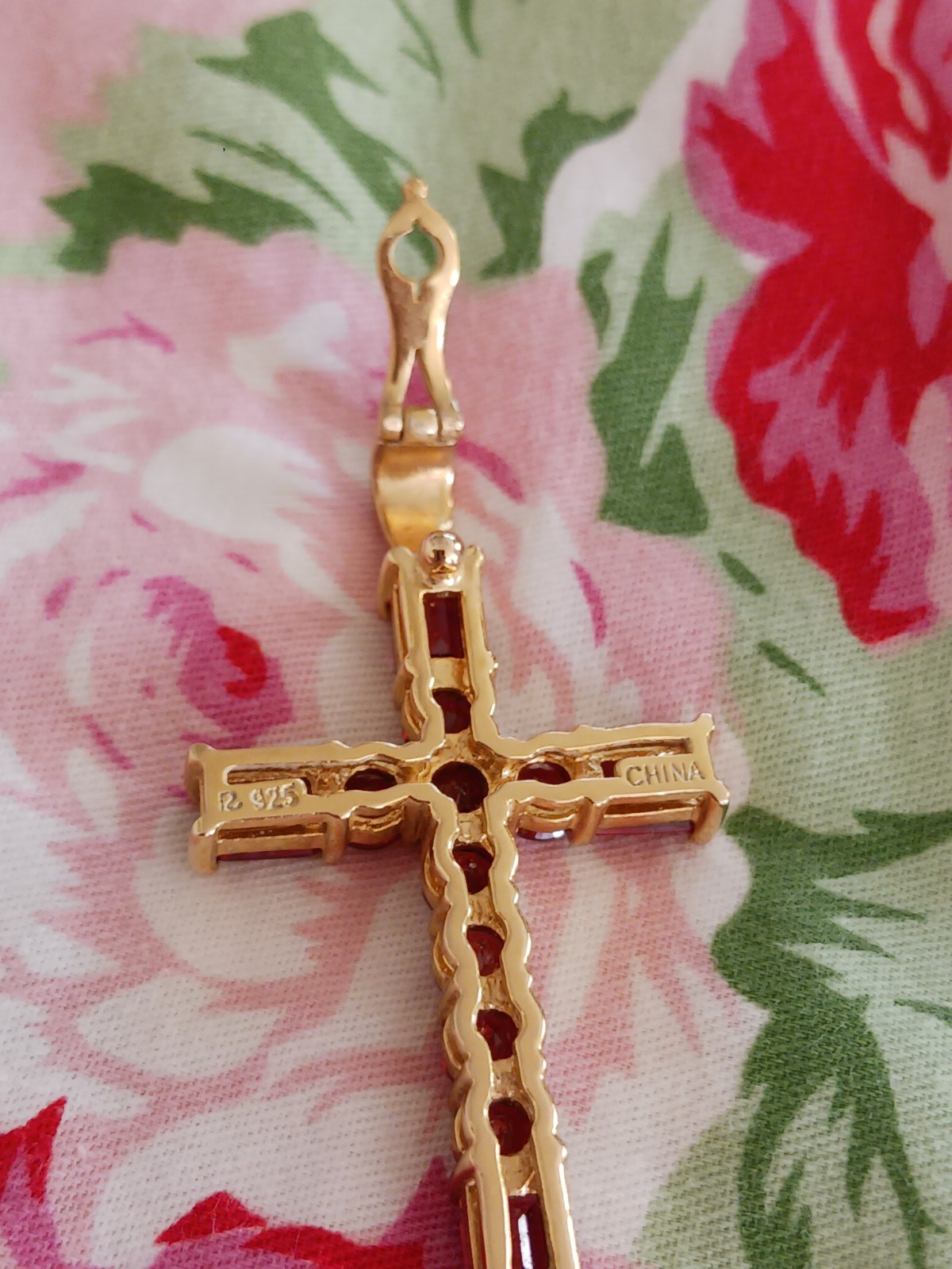 🌸JTV, VERMELLO GARNET, “ENHANCER”, CROSS, DESIGNER, FANCY “R” 18K OVER STERLING