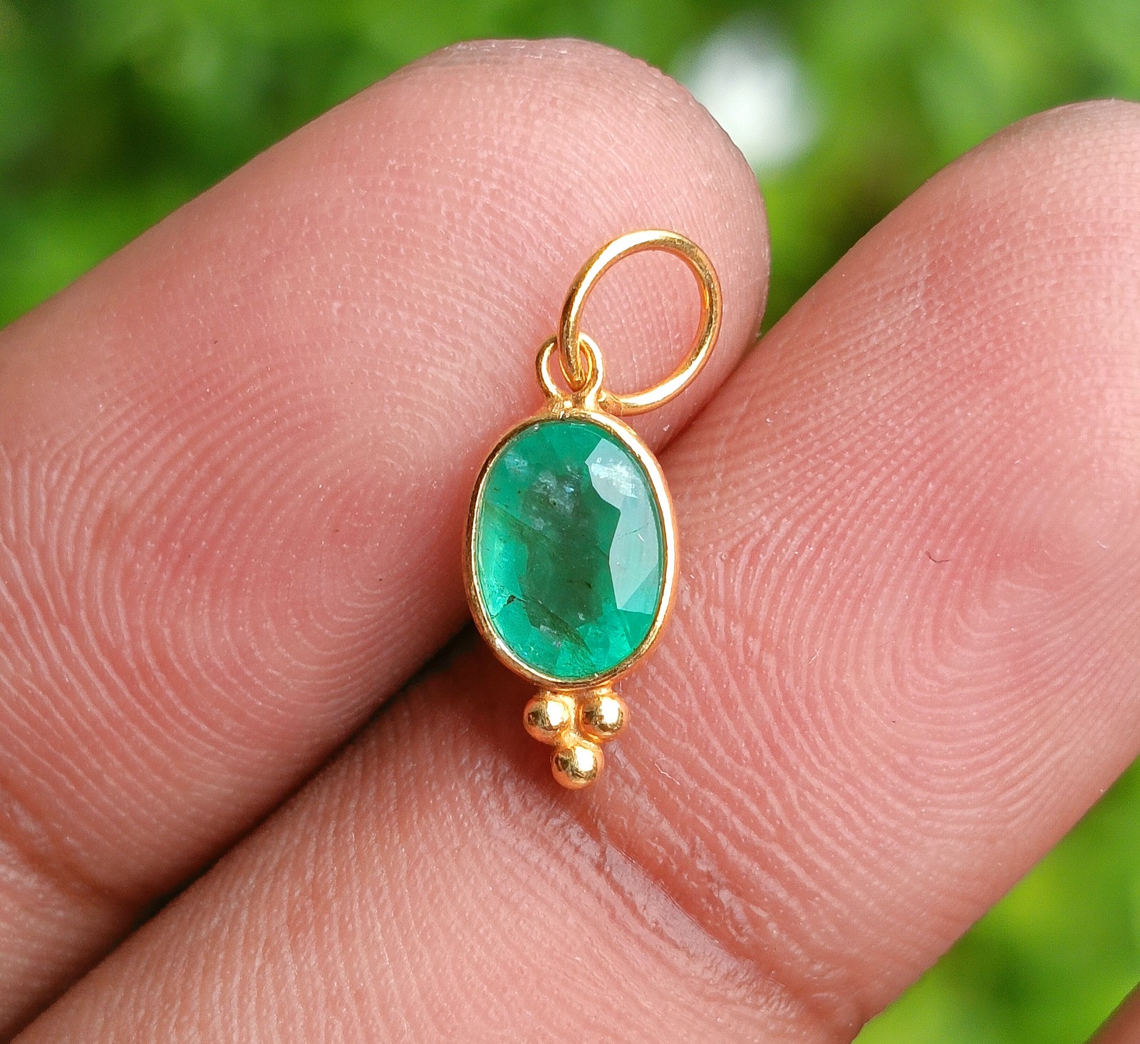 Natural Emerald Gold charm necklace ,18k Yellow Gold Charm, Handmade Jewelry