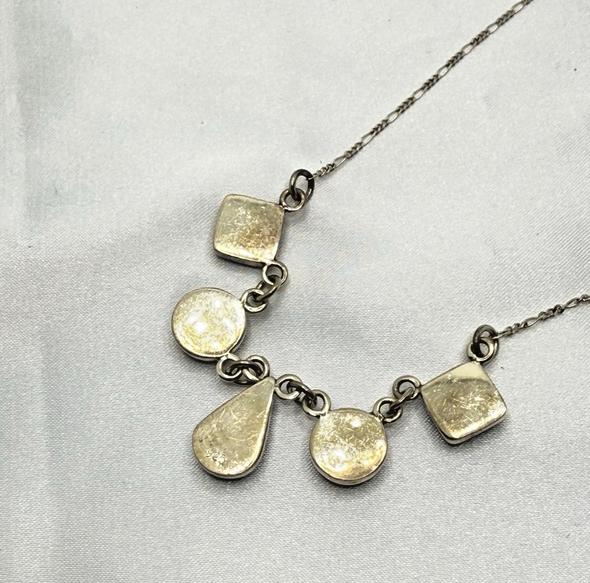 Vintage Italy 925 Sterling Silver Figaro Necklace 5 Geometric Green Stone Charms