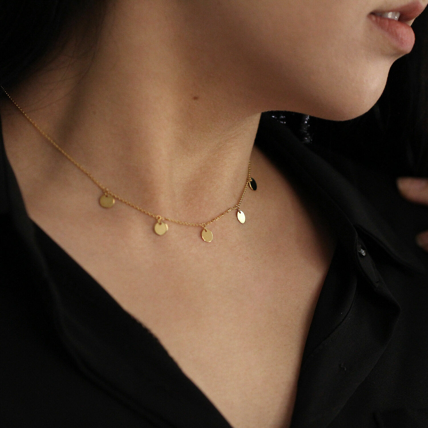 14k Yellow Gold Plated Silver Disc Charm Choker Necklace 18″ Silver Chain