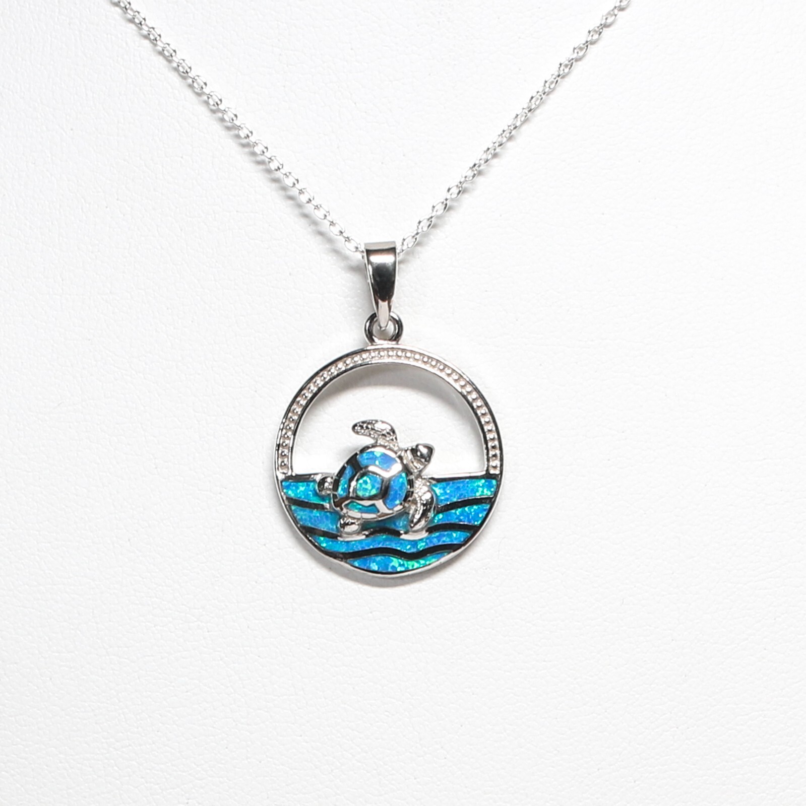 Sterling 26mm Polished Blue Inlay Created Opal Turtle Pendant w/ 18″ SS Chain