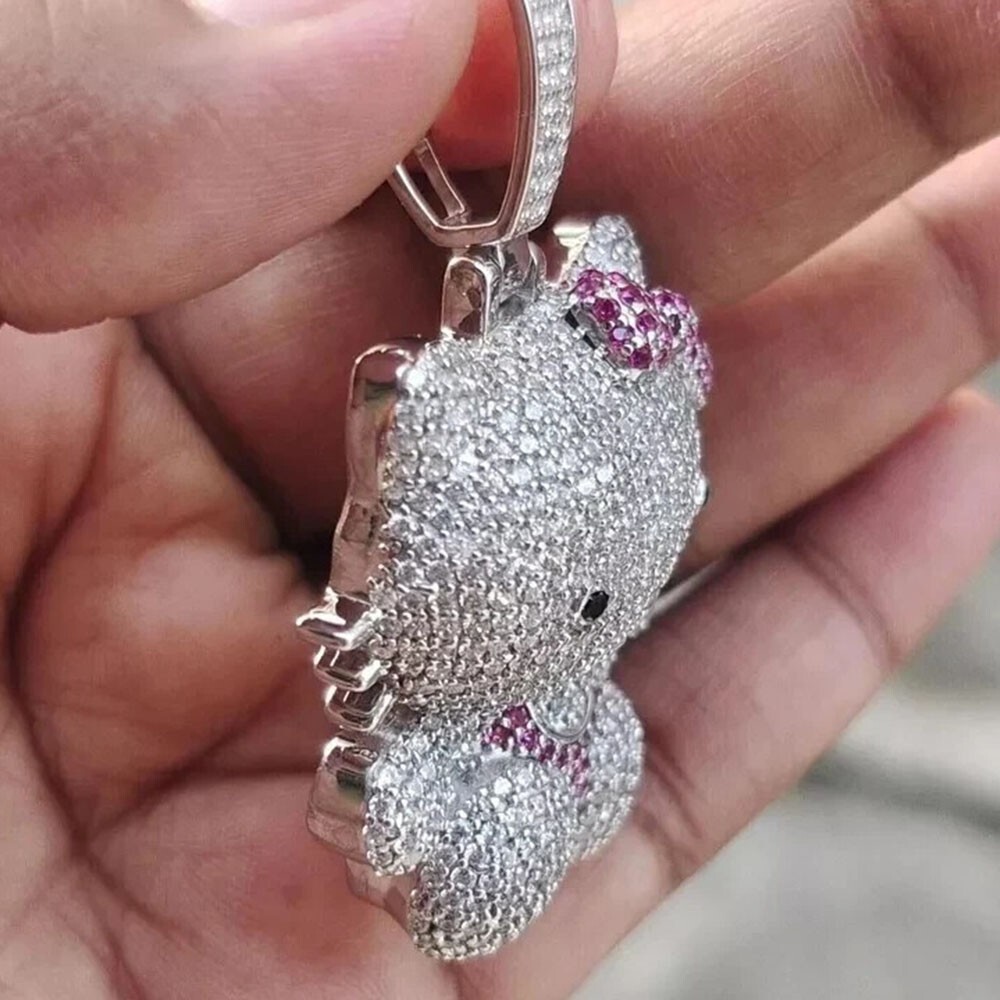 2.70Ct Round D/VVS1 Moissanite Hello Kitty Cartoon Pendant 14K White Gold Plated