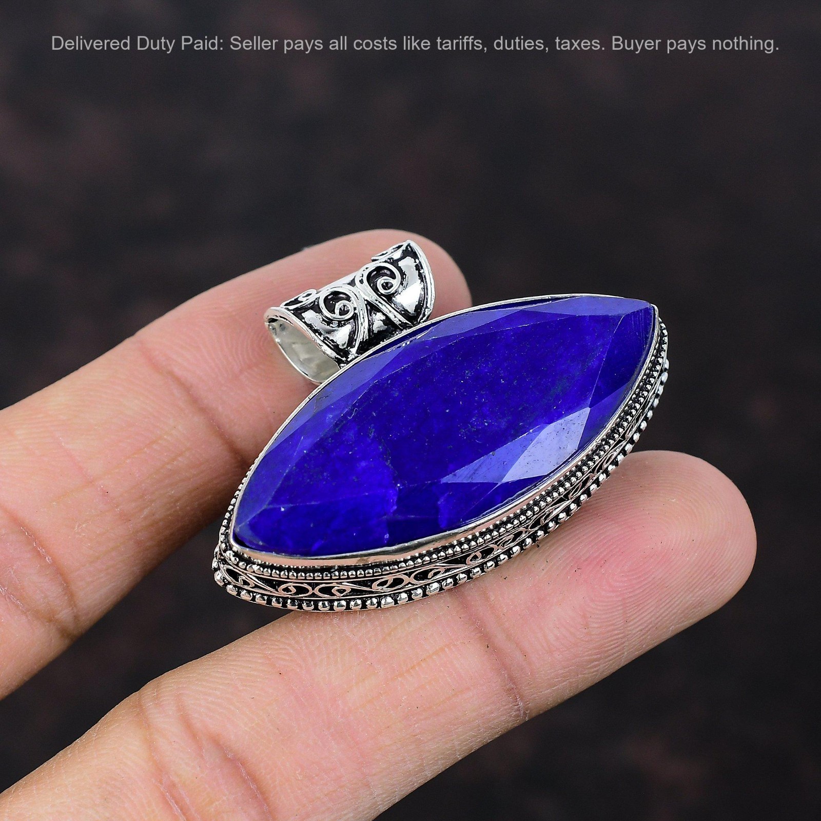Blue Saphire Stone 925 Silver Trendy New Engagement Vintage Bezel Wife Pendant