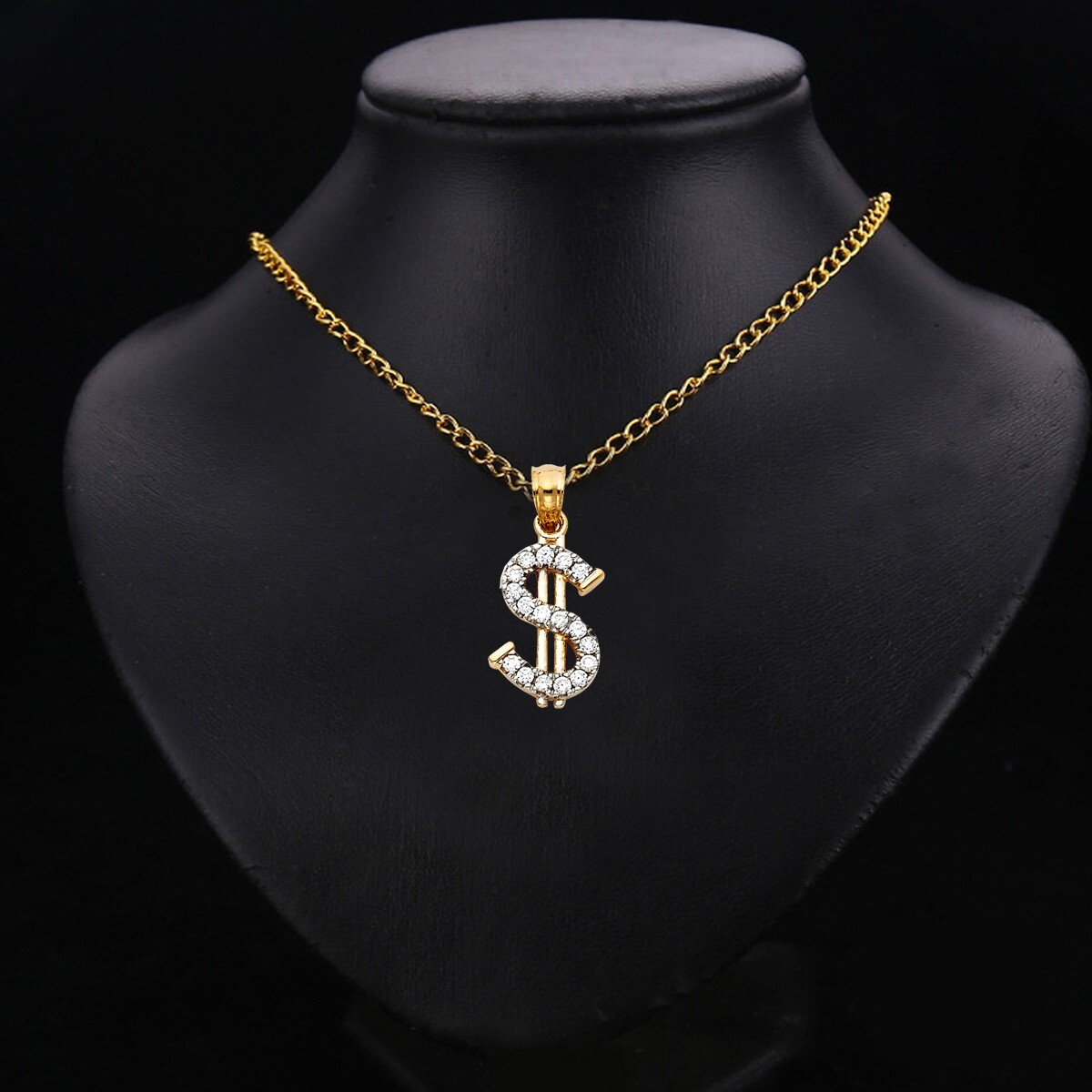 14K Yellow Gold Cubic Zirconia Dollar Sign Pendant For Necklace or Chain