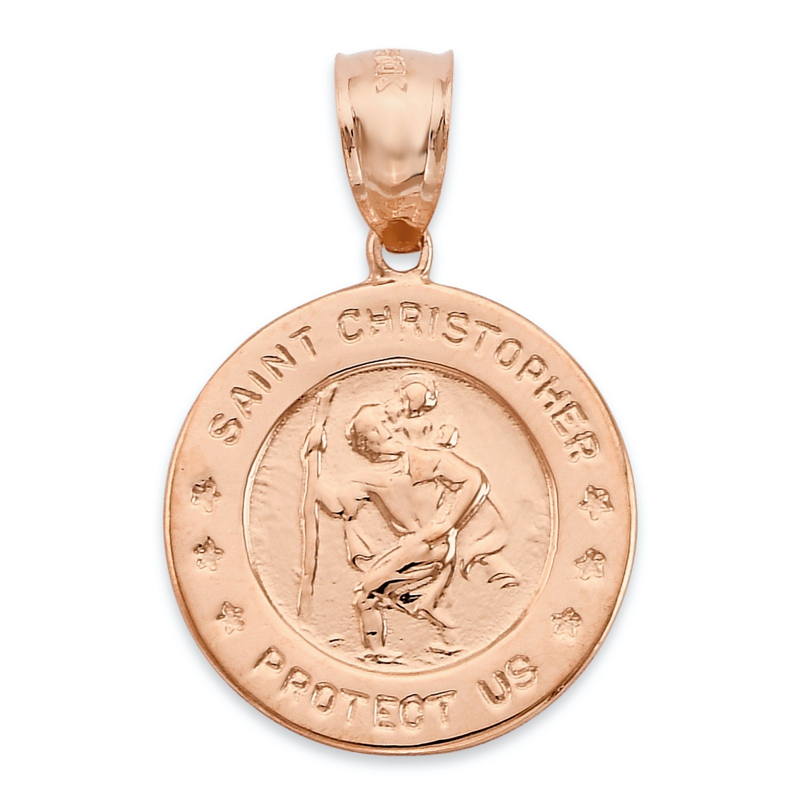 Solid 14k Rose Gold Saint Christopher Protect Us Pendant