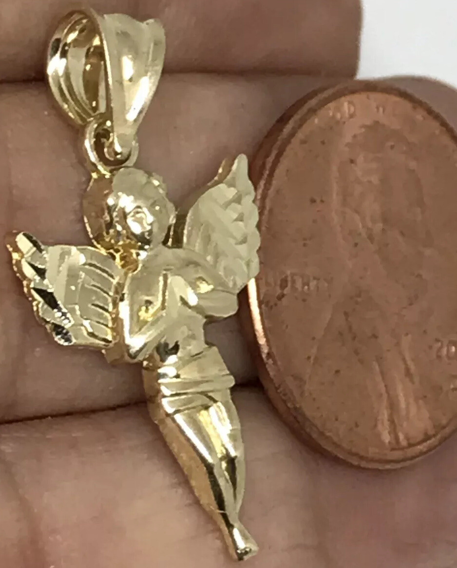 GOLd Angel pendant 10k Solid charm Necklace Baby Pray Small dainty Gift 1″