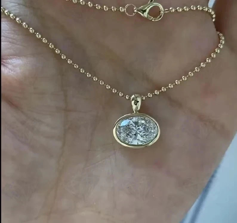 14K Yellow Gold Plated 2Ct Oval Cut White Moissanite Women’s Bezel Pendant