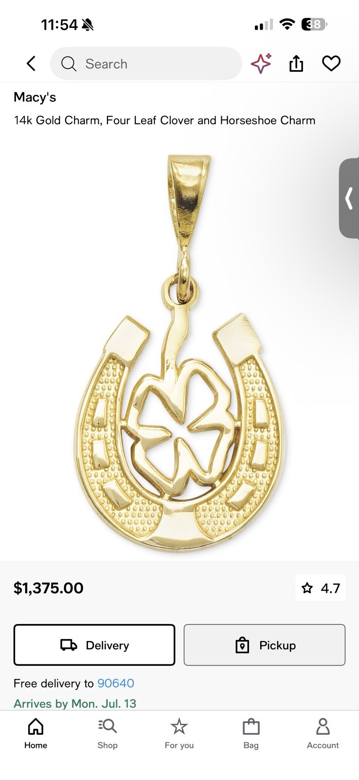Macy’s 14k Yellow Gold Horseshoe Four-Leaf Clover Luck Charm Pendant