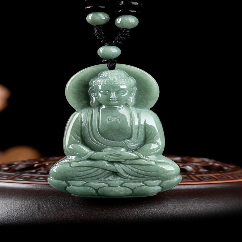 Natural Jade Green Buddha Amitabha Buddha Statue Necklace Pendant Male Female