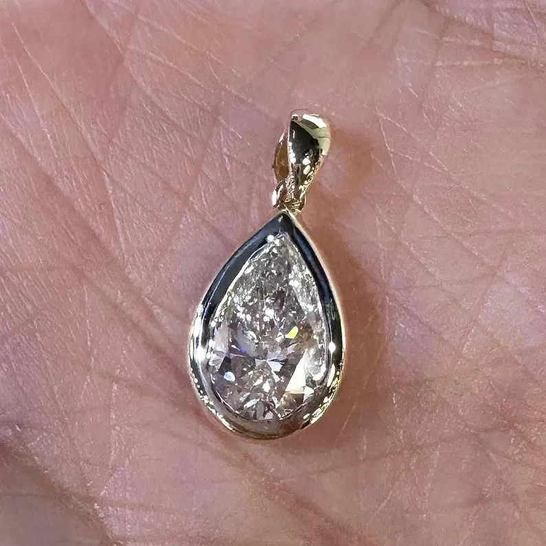 IGI 3Ct Pear-Cut EF/VS1 Lab Grown Diamond Bezel Pendant Necklace 14k Yellow Gold