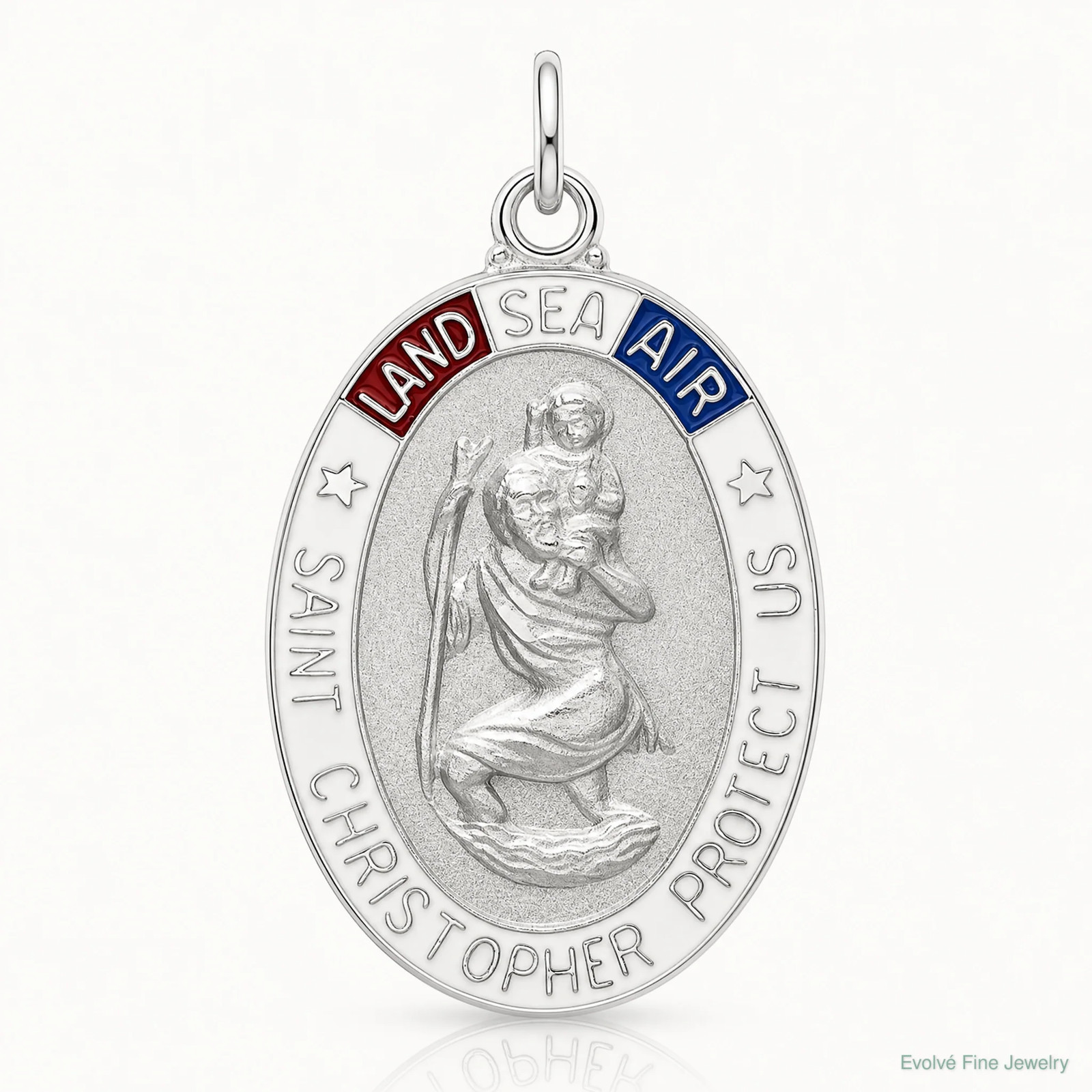 Sterling Silver Satin/Polished/Diamond-Cut Enamel St Christopher Medal