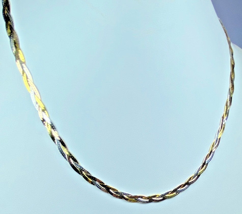 22K Gold over Sterling Silver AGI Signed Tri-Color Braided Necklace, 20″, 11.2g