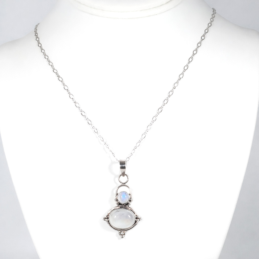 Vintage 925 Sterling Silver Double Rainbow Moonstone Bali Necklace