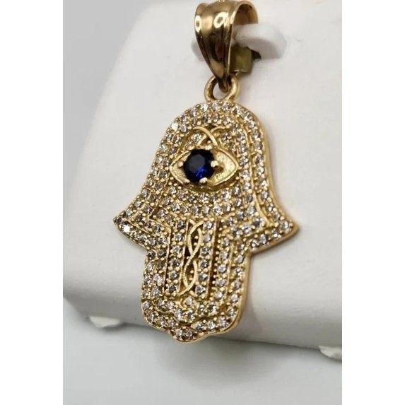 Evil Eye Hamsa Hand Pendant 2Ct Lab-Created Sapphire &Diamond 14K Yellow Gold FN