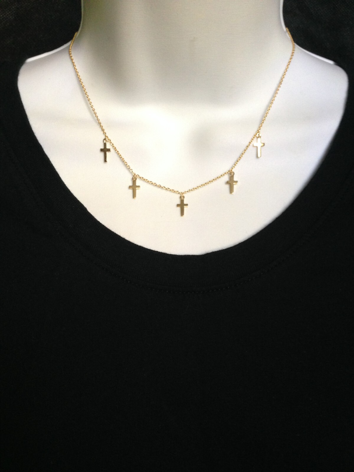 925 Sterling Silver Cross Charm Dangle Choker Necklace Plain Gold 9mm 15.5″ Girl