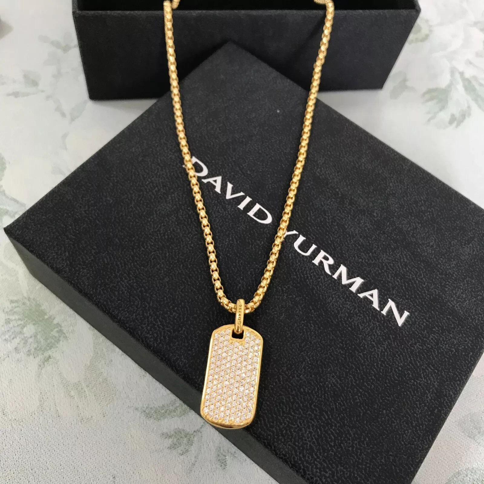 David Yurman Diamond Dog tag Pendant with 22″ Chain Necklace