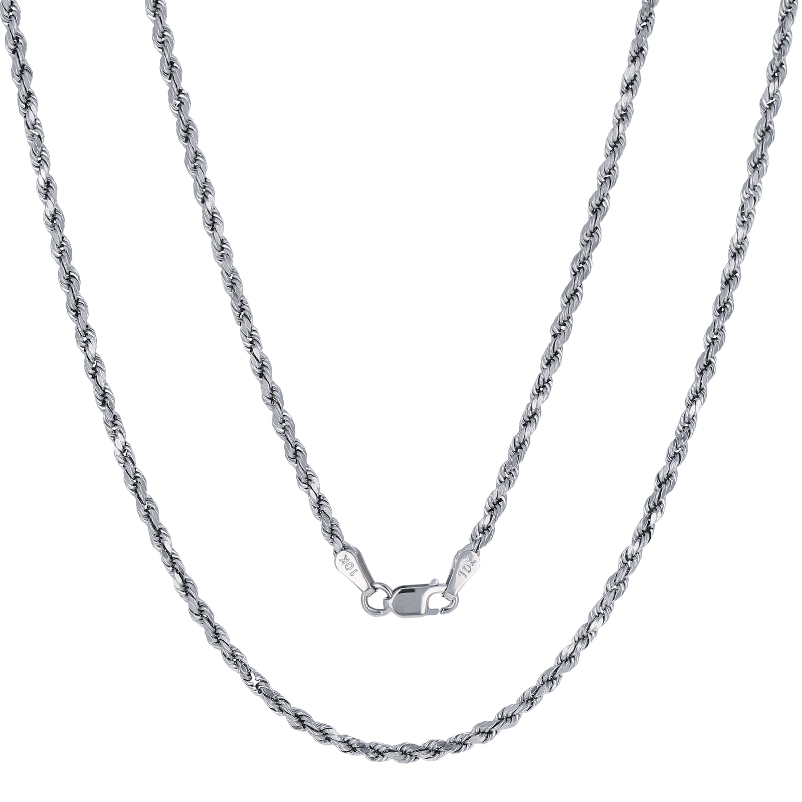 10K White Gold 2mm Diamond Cut Rope Chain Pendant Necklace Mens Women 16″- 30″