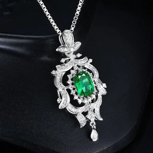 Lab Created Emerald 2.30Ct Oval Cut Elegant Halo Pendant 14K White Gold Plated