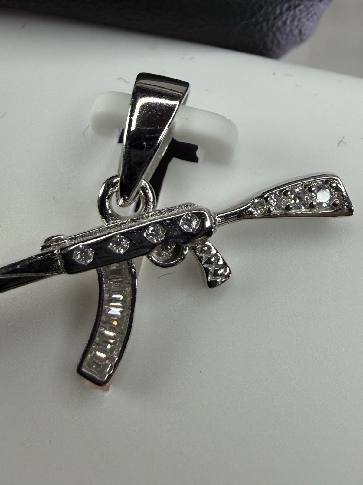 925 Sterling Silver White/Colorless Moissanite AK-47 Rifle Charm Pendant 0.50CTW