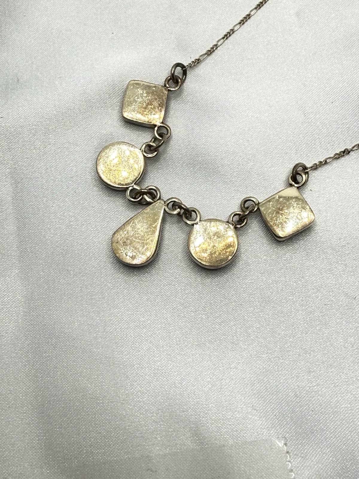 Vintage Italy 925 Sterling Silver Figaro Necklace 5 Geometric Green Stone Charms
