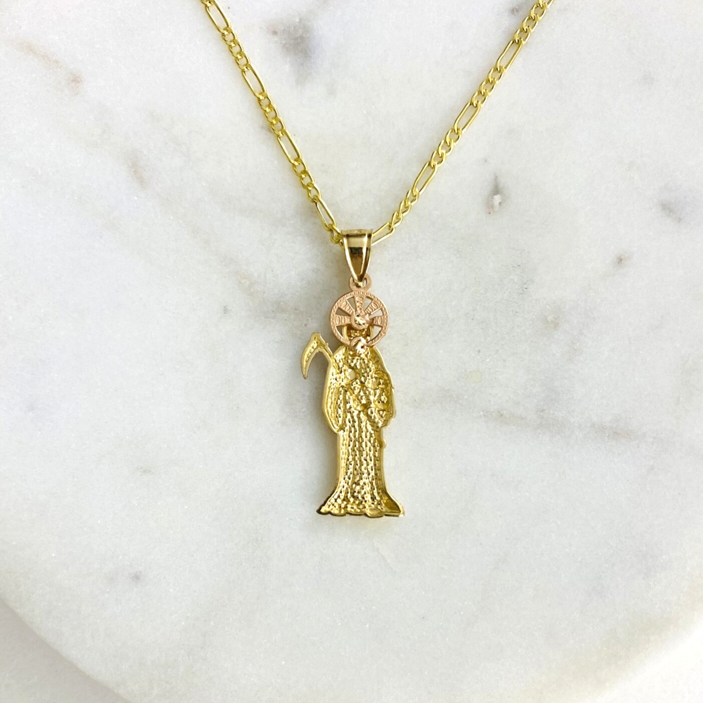 10K Solid Gold Santa Muerte Pendant – 2.2″ 10K Real Gold Grim Reaper – PA15