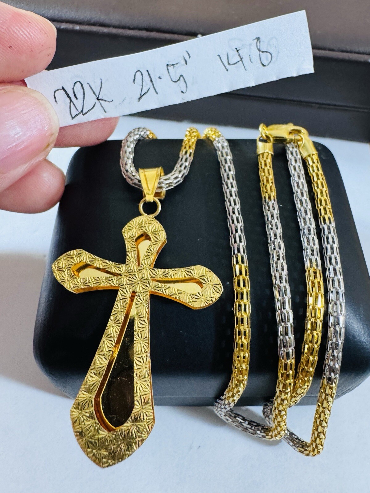 22C 22K 916 Fine Real Gold 21.5”/22” Long Cross Necklace 14.8g 3mm Mens-Womens