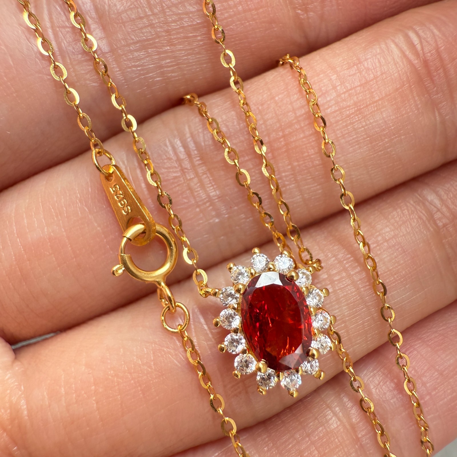 925 Sterling Silver Necklace 7x5mm Natural Garnet Zircon Handmade Flower Chain