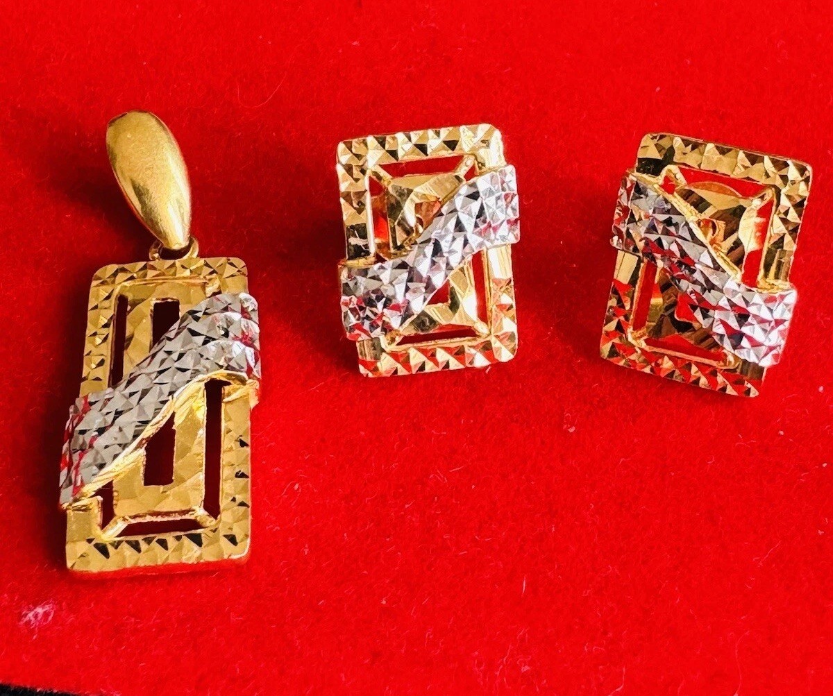 22K 916 22CT Fine Real Gold Unique Two tone Earring & Pendant 8.2G