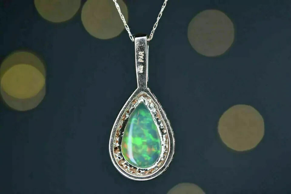 3Ct Pear Cut Fire Opal Halo Women’s Pendant Free Chain 14K White Gold Finish