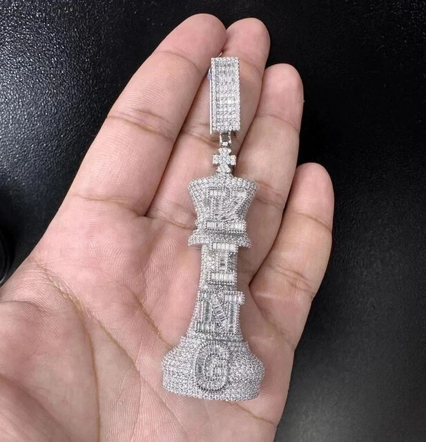 2.50Ct Round Cut Moissanite King Chess Charm Men’s Pendant 14K White Gold Plated