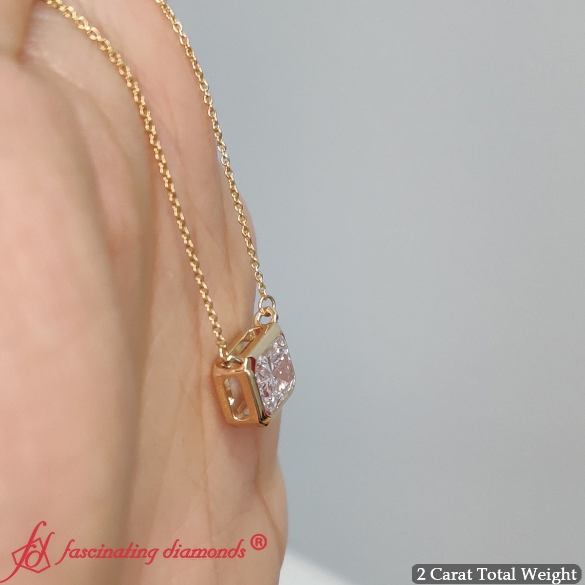 IGI Certified East West Radiant Lab Diamond Pendant 14K Gold Bezel Set Necklace