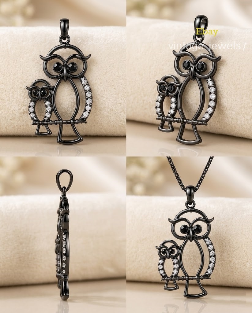 0.51CT Round Cut Lab Created Diamond Cute Two Owl Pendant 14K Black Gold Finish