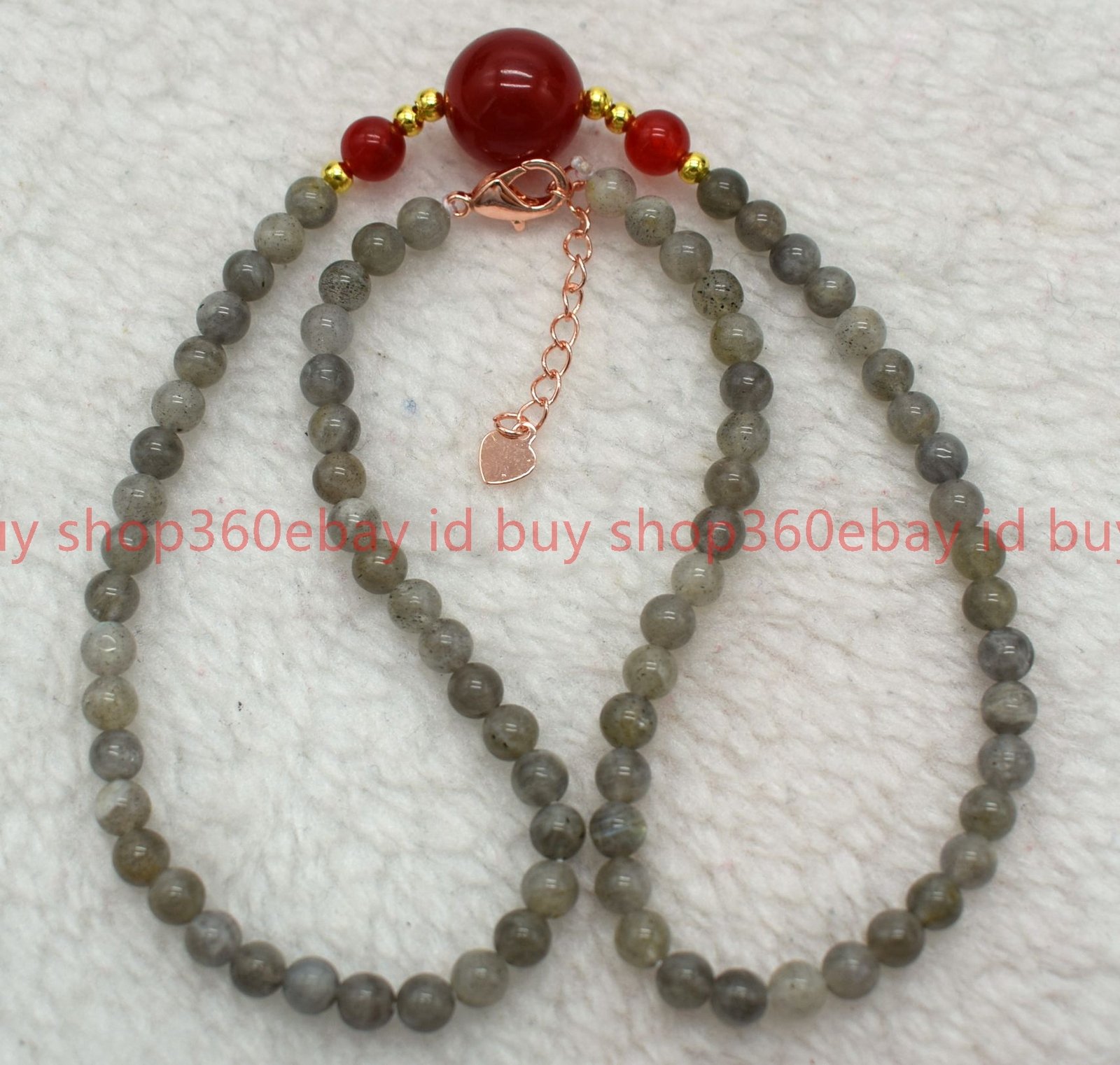 Natural 4mm Gray Labradorite Round Gemstone Beaded Red Agate Necklace 16-28in