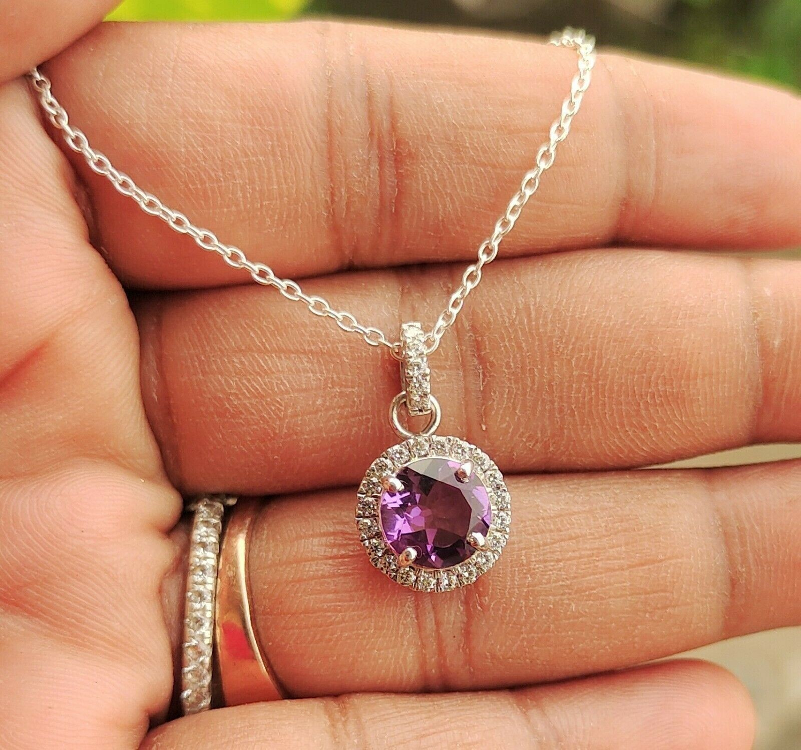 2Ct Round Lab-Created Amethyst Pendant 14K White Gold Plated Silver Free Chain