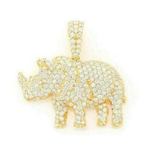 2.00CT Round Cut Diamond Rhinoceros Pendant With Chain 14K Yellow Gold Finish