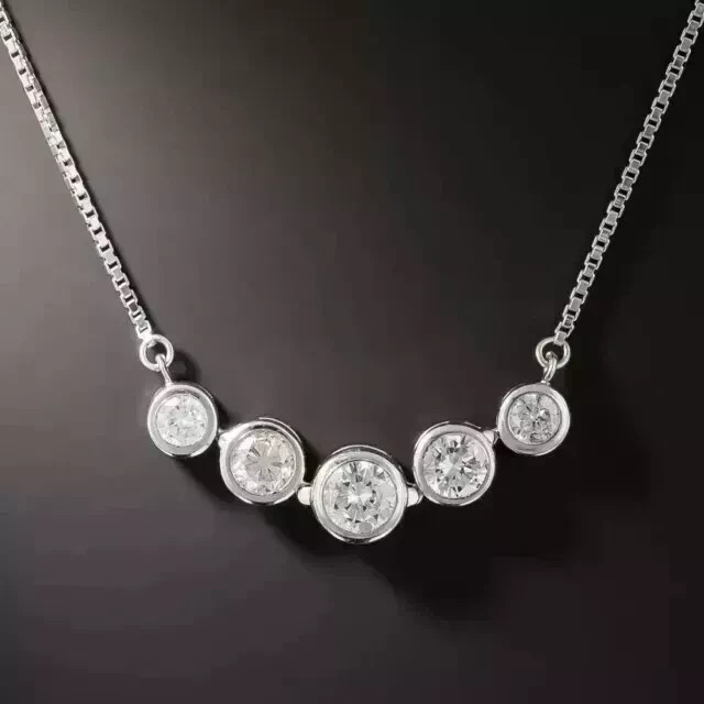 3 CT Round Cut White Moissanite Women’s 5 Stone Necklace 14K White Gold Plated
