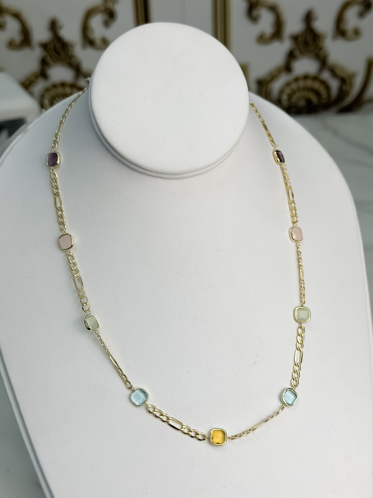 14k Solid Gold Colorful Stones on Figaro Chain 16″ 3mm, Yellow Gold, Multi Color