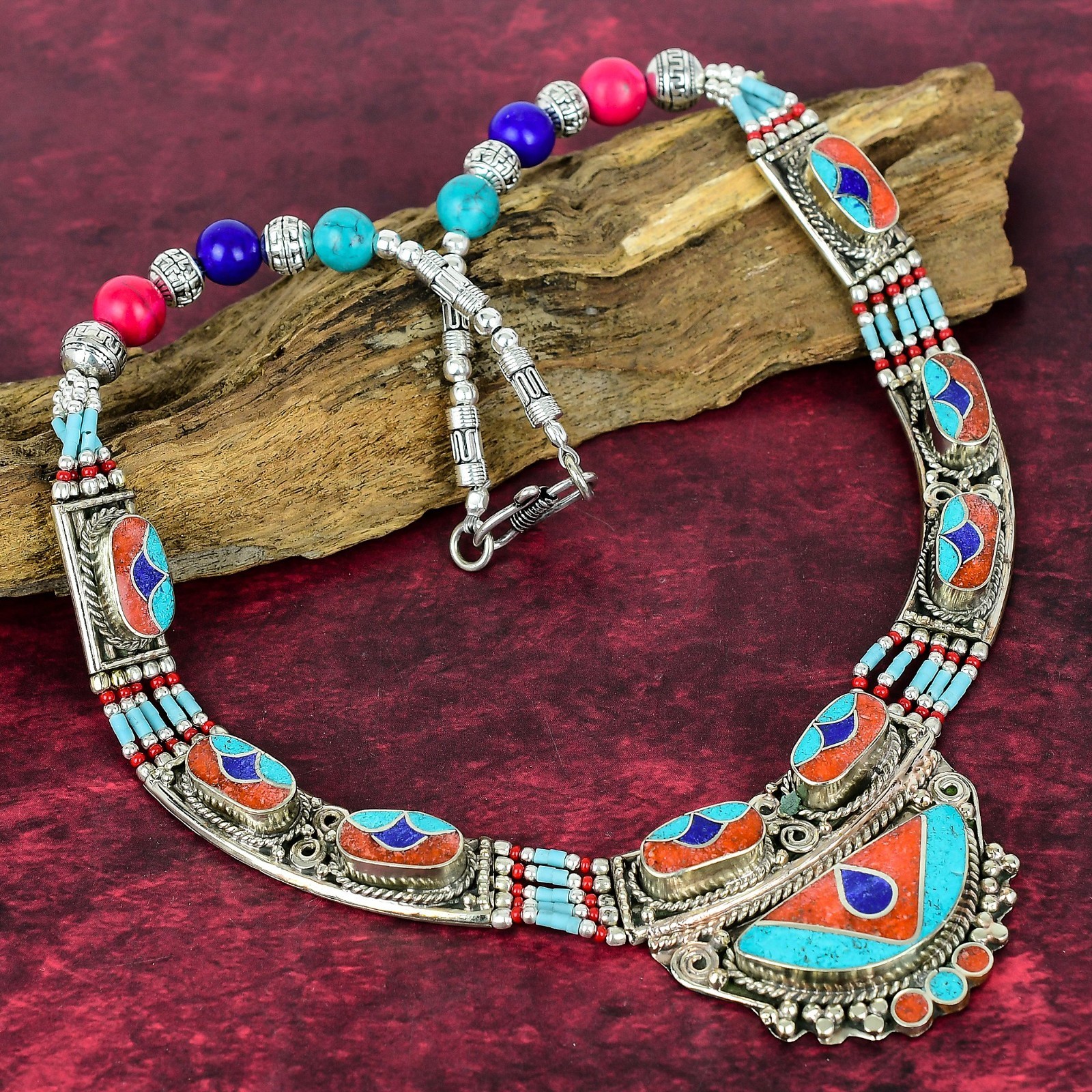 Turquoise & Coral Gemstone Handmade 925 Sterling Silver Nepali Jewelry Necklace