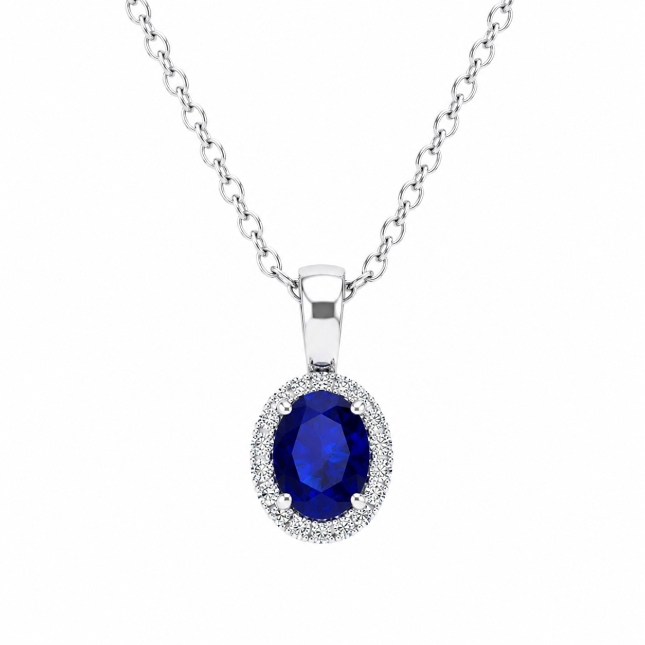 Oval Blue Sapphire Halo Pendant Necklace 925 Sterling Silver Lab Created